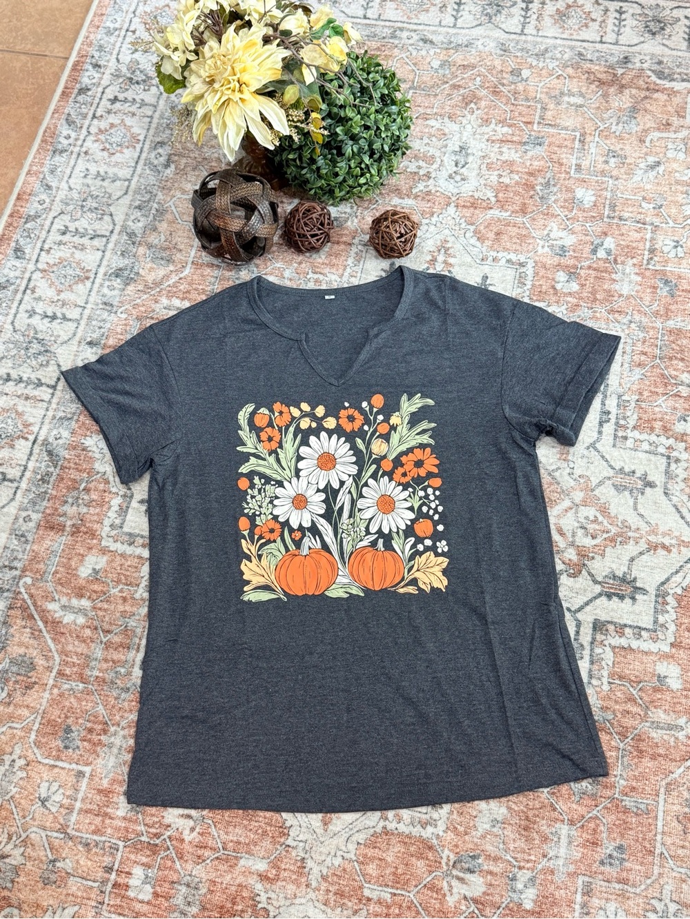 Women's Charcoal V-Neck Tee with Pumpkin & Daisy Graphic